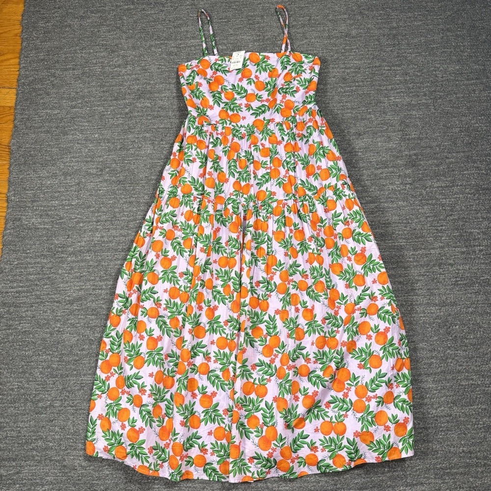 J.Crew Factory Strappy Midi Dress Women 8 Oranges Lilac Smocked Citrus Party NEW